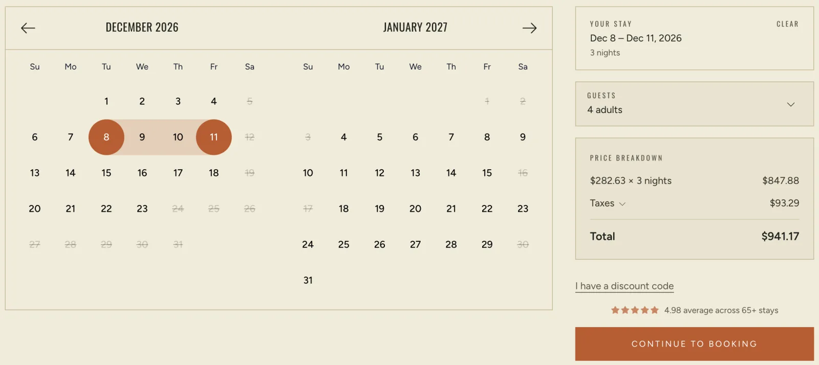 The availability page: a two-month calendar with December 8 to 11 selected, beside a price breakdown with nightly rate, taxes and total