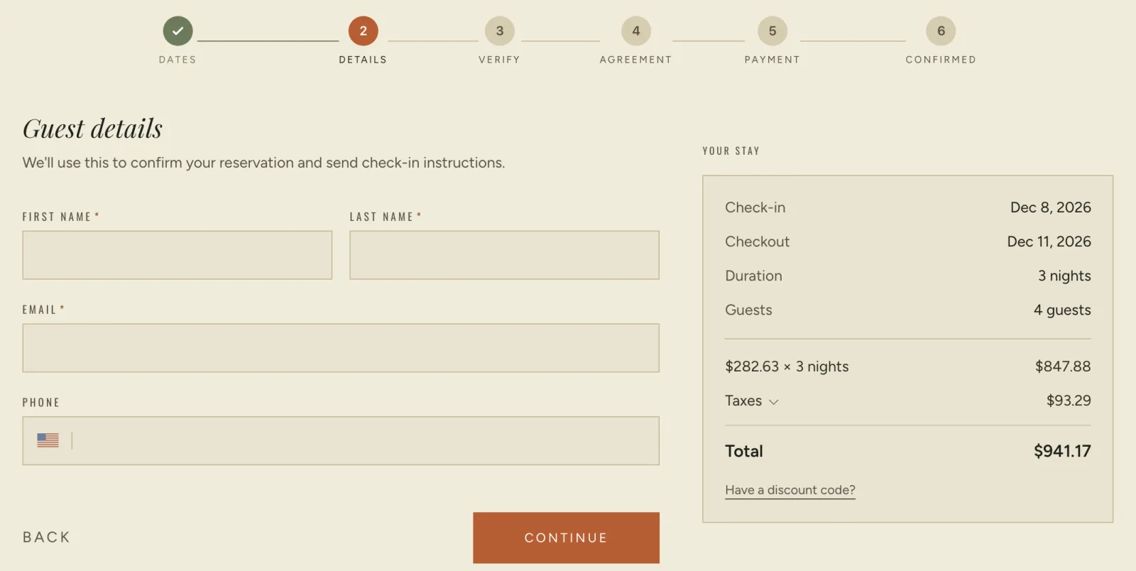 Checkout on the guest details step, with six steps across the top: dates, details, verify, agreement, payment, confirmed. The stay summary and price sit on the right.
