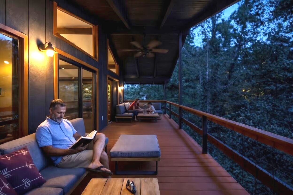 The evening deck at The Glenway Chalet, overlooking the Smokies