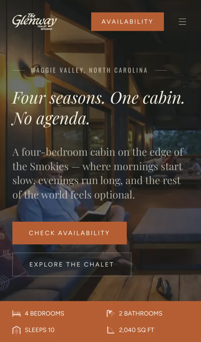 The homepage on a phone: a photo of the cabin deck behind the headline Four seasons. One cabin. No agenda.